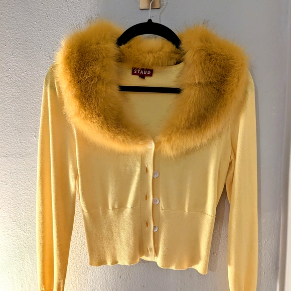 STAUD Sweaters - Staud Women's Yellow Sweater with Faux Fur Collar